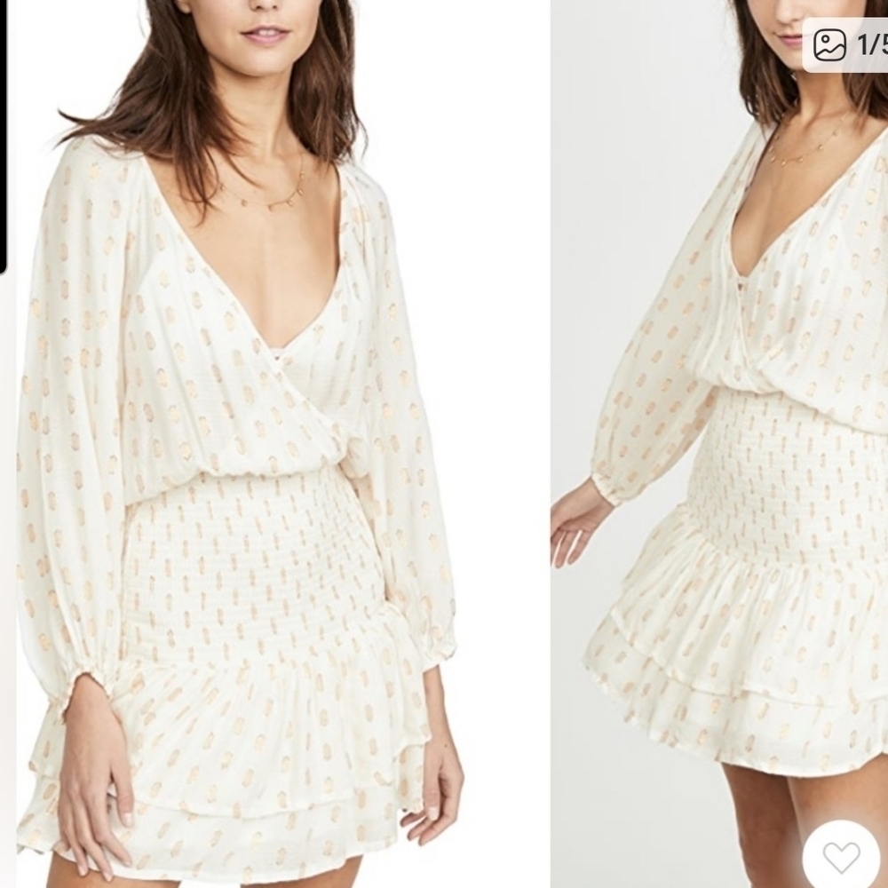 NWT Suboo Mae Shirred Ivory Gold  V- Neck Ruffe 3/4 Sleeve  Mini Dress. L